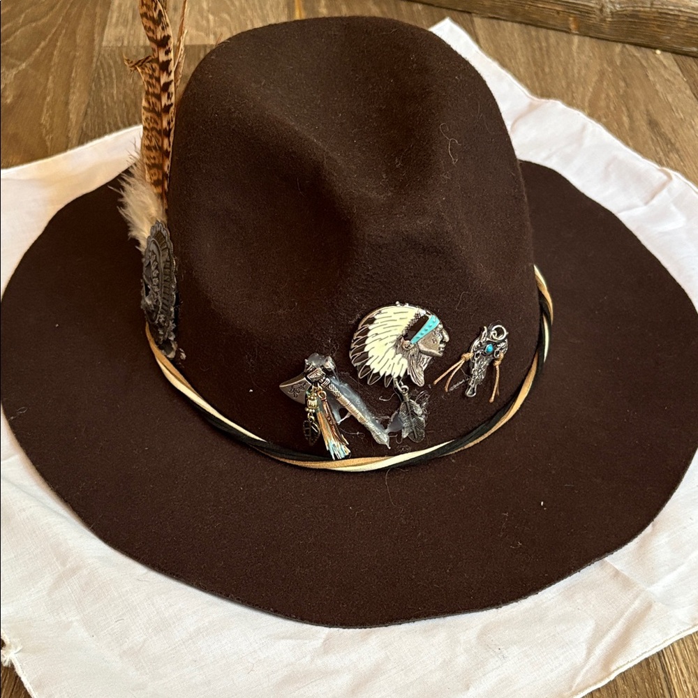 Brown Western Hat with Feather and Bead Accents